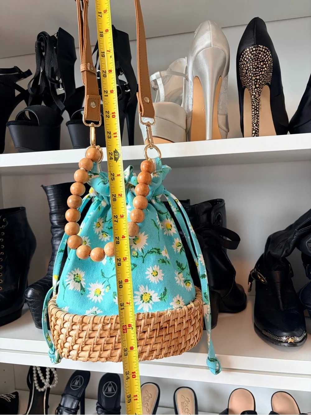 C&C California Blue Daisy Woven Bucket Bag with Tan Strap